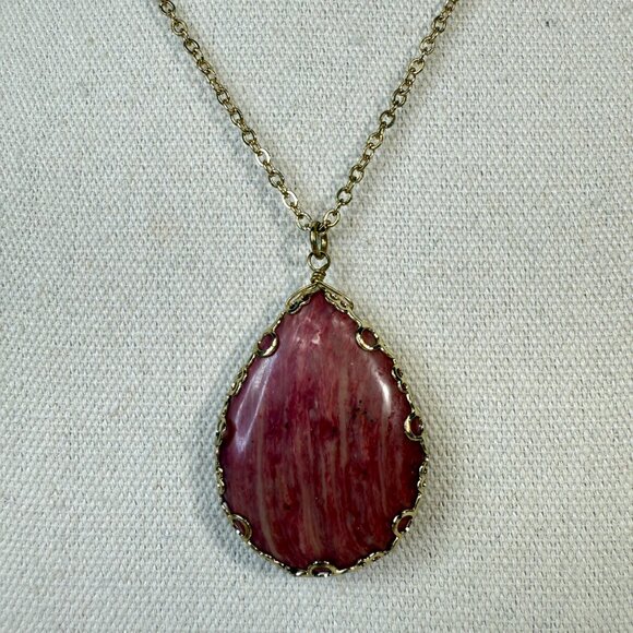 Rhodonite Teardrop Pendant Necklace Long Length Gold-Tone Chain - Picture 1 of 6